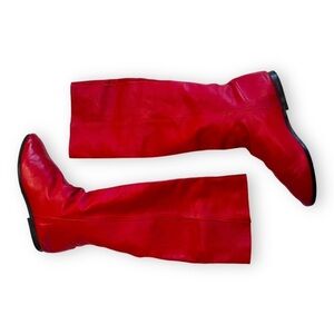 Vintage 1970's Fast Turn Cherry Red Genuine Leather Knee High Slip On Boots